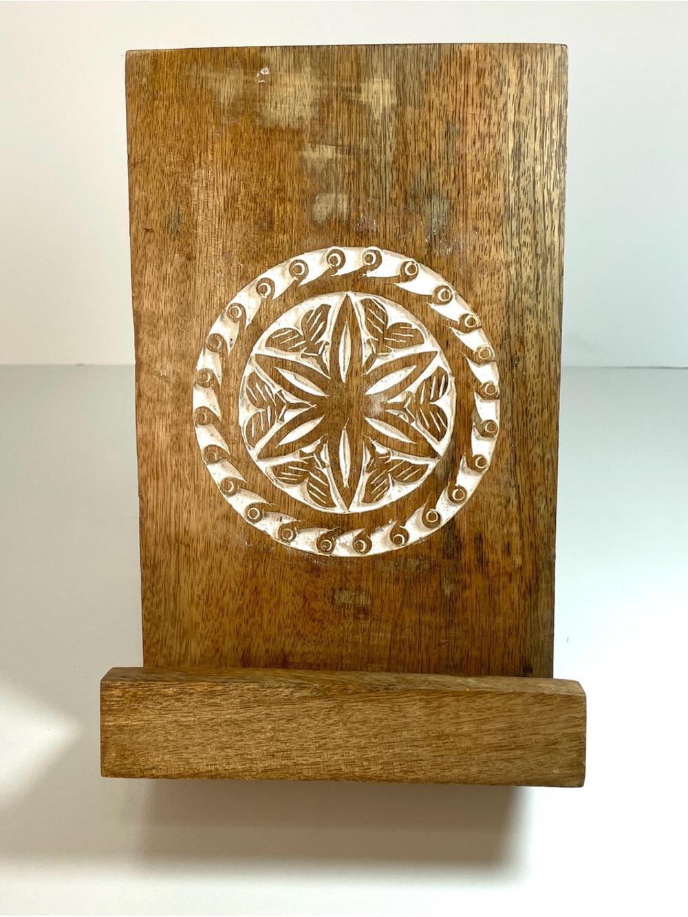 Wood Book Holder Tablet Stand Hand-Carved Mandala Design Kitchen Desk Workshop